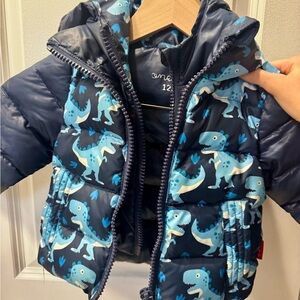 One Kid Blue Dinosaur Puffer Jacket- Car seat safe